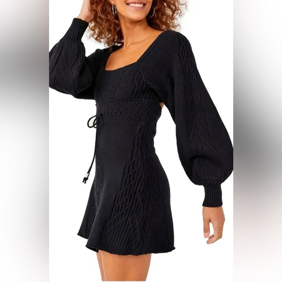 NWT Free People Emmaline Black Balloon Sleeve Knit Sweater Mini Dress Size Large - Picture 1 of 9